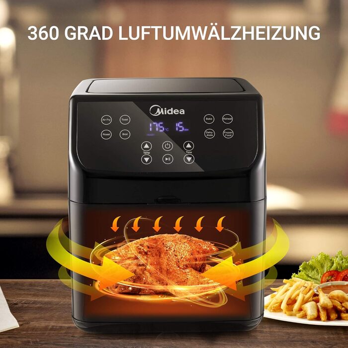 Аерофритюрниця Midea MF-TN40D2 XL 4 л, 1500 Вт, Dual Cyclone, 90% менше жиру, таймер 60 хв, контроль температури до 200°C, авто відключення, чорна
