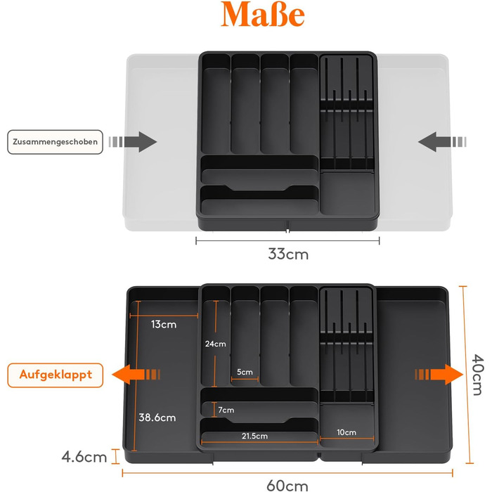 Органайзер для столових приборів Lifewit в шухляду, розсувний, з відділенням для ножів (40 см), чорний