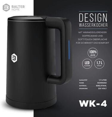 Balter Stainless Steel Electric Kettle with Temperature Control - 40°C to 100°C, Double Wall, BPA Free, 1.7L, 2200W, Quiet, Black