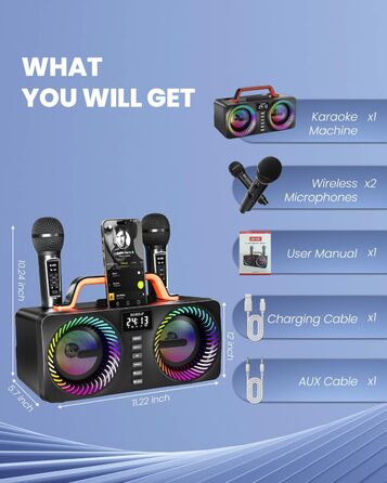 Караоке-машина для дорослих та дітей, портативна Bluetooth-система 80W – 2 бездротові мікрофони, регулювання ехо, USB/AUX-роз'єми, ідеальний подарунок для вечірок на природі