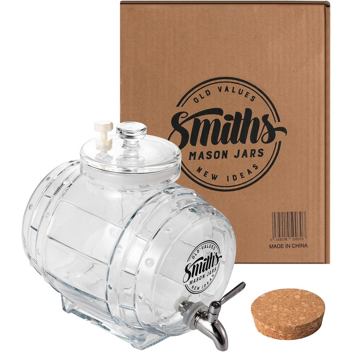 Smiths Mason Jars 5L Refrigerator Water Dispenser with Steel Tap and Glass Lid - Easy pouring with metal tap and space-saving design - ideal for infused waters and juices