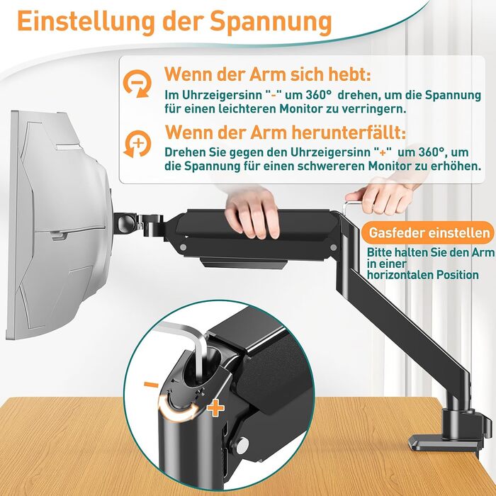 Кріплення для монітора ELIVED EV3227 для моніторів до 49 дюймів, вантажопідйомність до 20 кг, VESA 75/100 мм, газ-амортизатор, регульований нахил, поворот, оберт