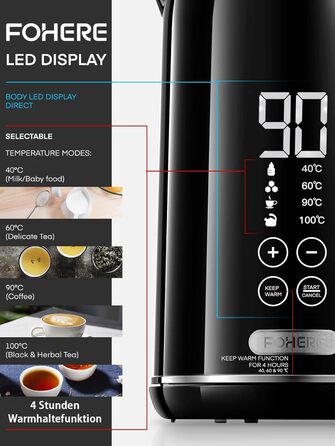 Електричний чайник FOHERE з регулюванням температури 1.7L, LCD дисплеєм (40°C - 100°C), чорний, з підігрівом до 240 хв, 2200W
