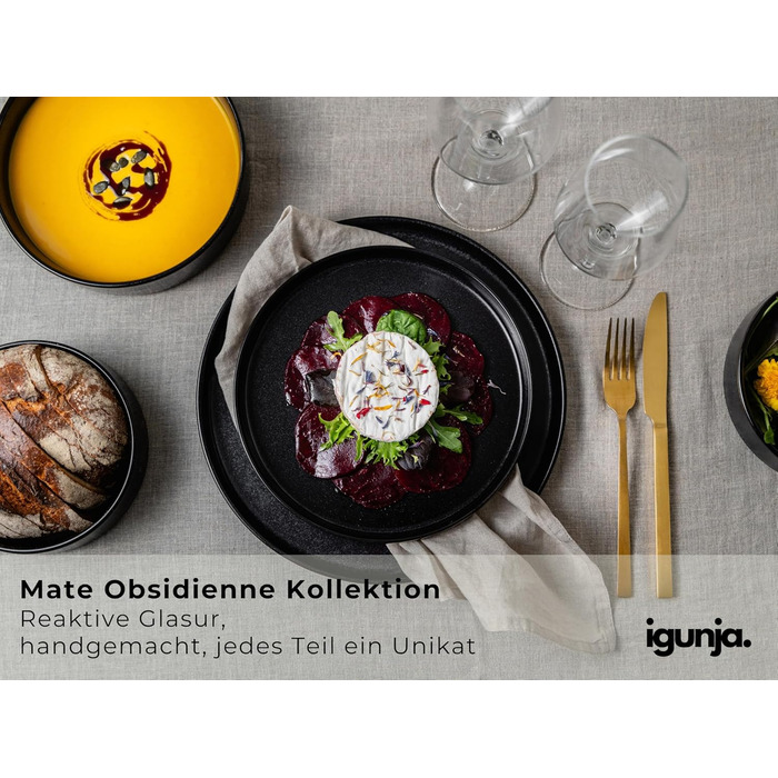 Igunja Stoneware Dinnerware Set - 12 Piece Set for 4 People | Reactive Glaze | Matte Black Dinner Set (Handmade, Premium Quality)