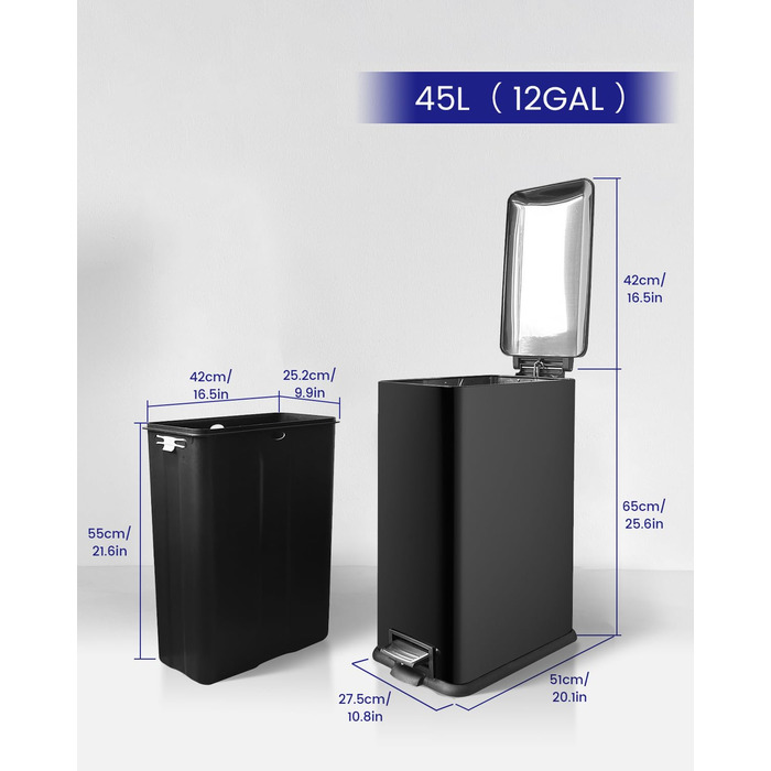 Сміттєвий бак для кухні 30 літрів, вузький, з м'яким закриттям, з педаллю, зелений