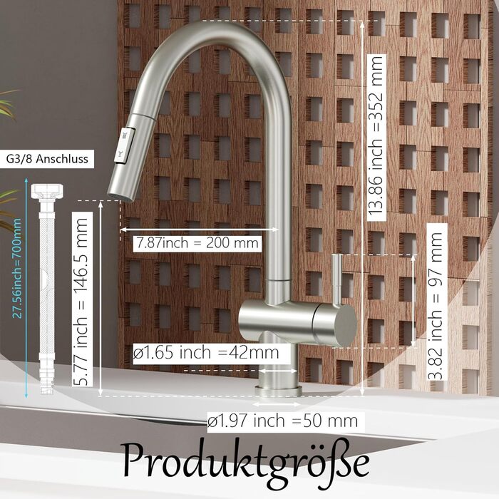 Кухонний змішувач SEMANEY з висувною лійкою та двома режимами, поворотний на 360°, з одним важелем, з матовою обробкою