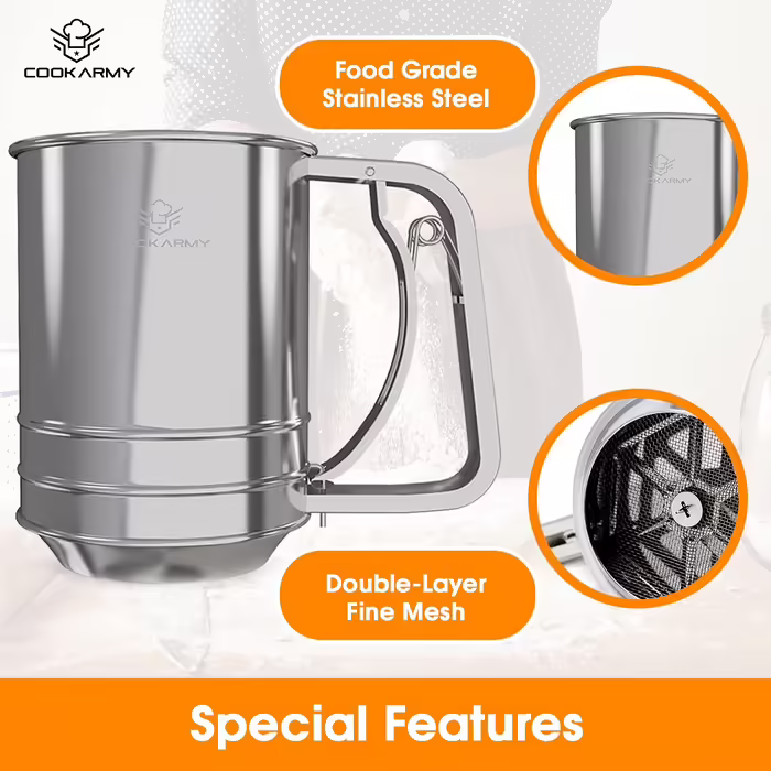 Flour Sifter, 3 Cups, Stainless Steel, Great double-layer sifter for all baking flour and powdered sugar, Flour Sifter