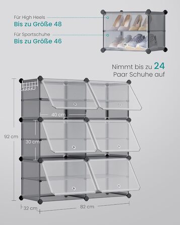 SONGMICS 10-Tier Shoe Rack, Shoe Cabinet, 30 x 40 x 30 cm per compartment, narrow, with doors, steel frame, plastic, for hallway, bedroom, entryway, LPC035B01 (6 compartments (83B x 94H cm), Slate Grey)