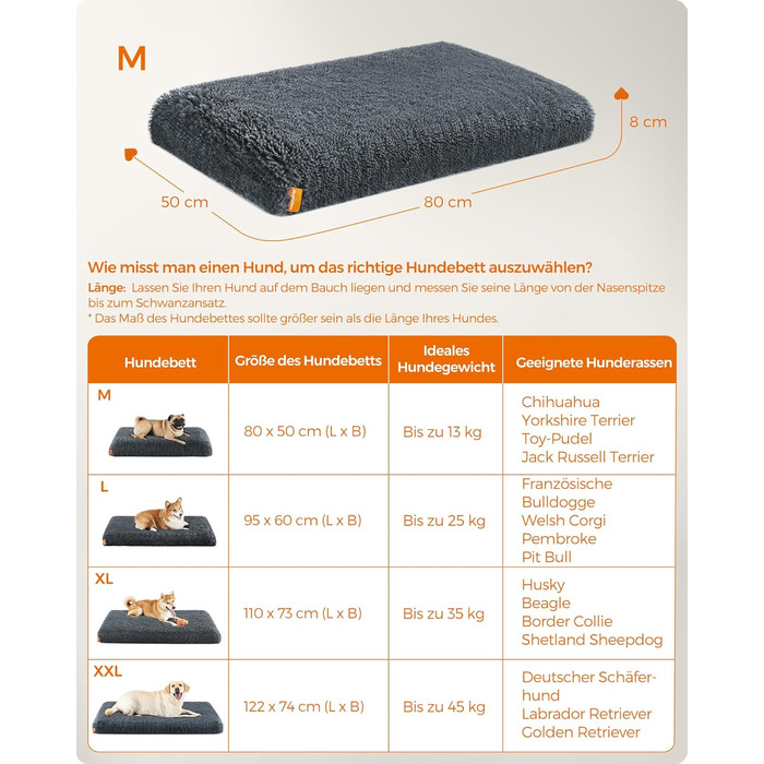 Feandrea Dog Bed, Orthopedic Dog Cushion, Padded with Bubble Foam, Removable and Washable Cover, Size M, for Small and Medium Dogs, 80 x 50 x 8 cm, Dark Grey PGW211G02