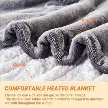 Електрична ковдра з підігрівом 180x200 см, 10 режимів нагріву, таймер автовимкнення, захист від перегріву, машинне прання, для теплих ночей, темно-сірий колір