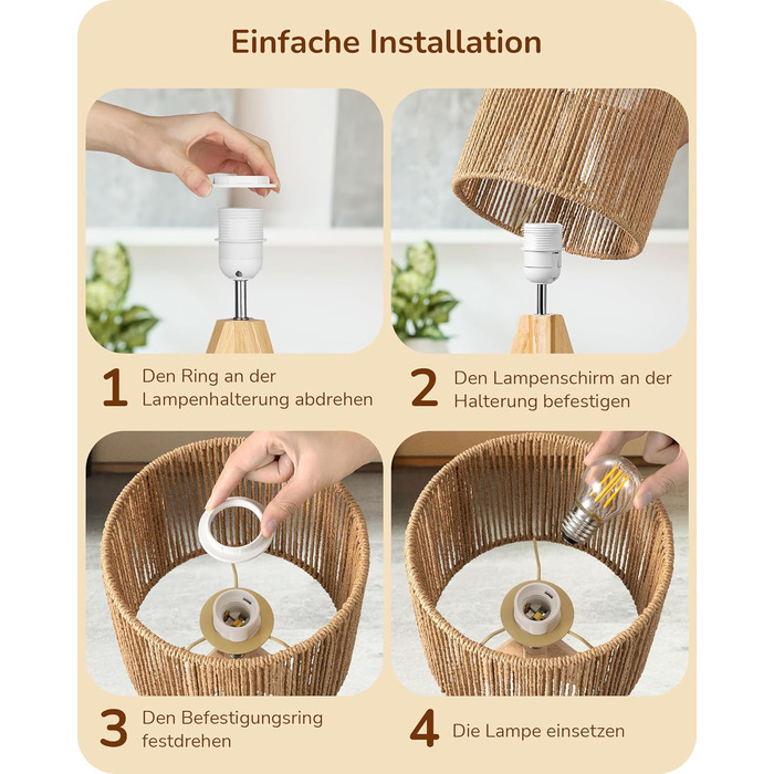 LED настільна лампа EDISHINE з абажуром з ручної роботи та дерев'яною ніжкою, 2700K, тепле біле світло, бохо стиль, для спальні, вітальні, готелю, з лампочкою E27 4W, в'язаний паперовий шнур