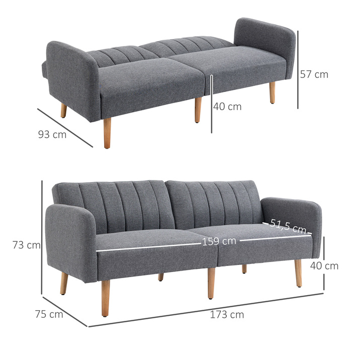 HOMCOM Sleeper Sofa, Convertible Sofa for 2 People, Sofa Bed with Sleeping Function, Linen-like Polyester, Rubber Wood, Grey, 173x75x73cm | Aosom
