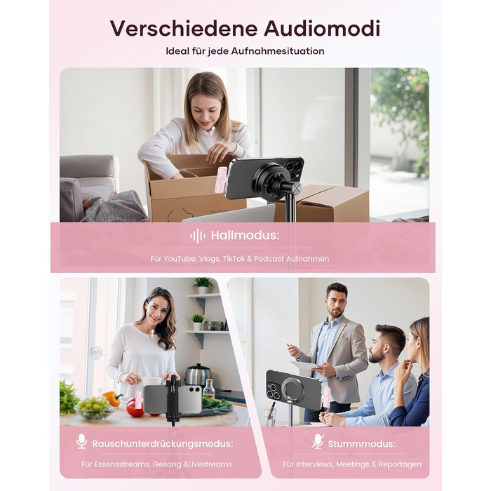 Беспроводной петличный микрофон 2шт, для iPhone, iPad, Android, с шумоподавлением, Plug & Play, для видео, подкастов, YouTube, TikTok (Рожевий)