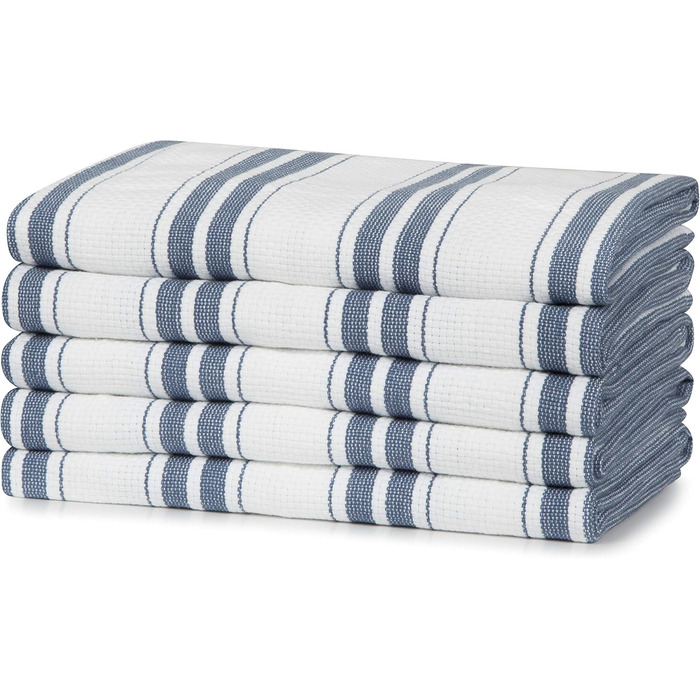 Sticky Toffee Striped Dishcloths 100% Cotton | 5-Piece Set | 50 x 70 cm | Blue Stripes | Absorbent Restaurant Bar Glass Dishcloths