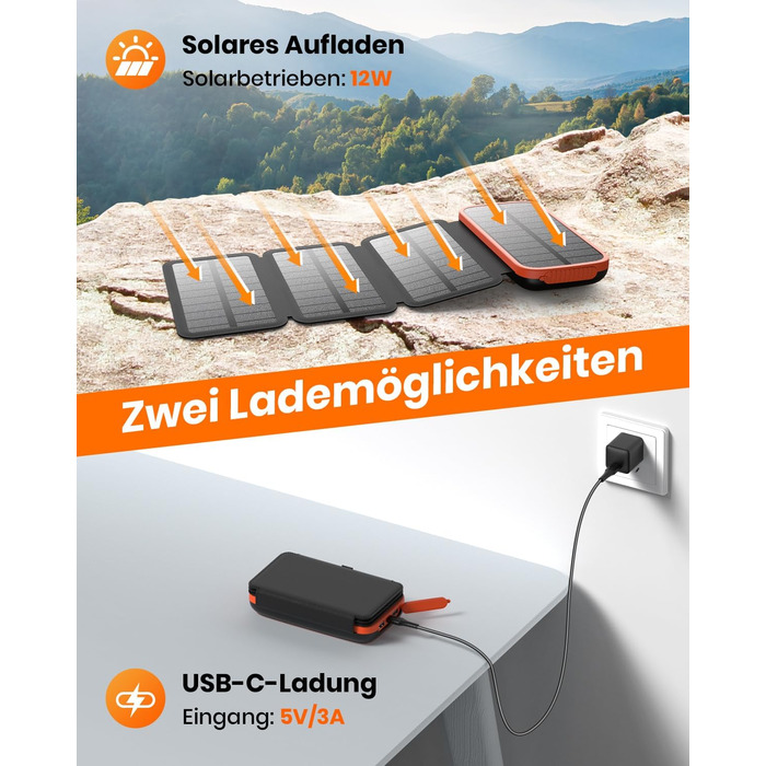 FEELLE Power Bank 27000mAh з сонячною панеллю, USB C PD QC 3.0, 3 USB виходи, ліхтарик, для смартфонів та планшетів