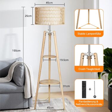 LED торшер Outon з трьома ніжками, регульоване освітлення, полиця, пульт, 4 режими кольору, таймер, 2 плафона, для вітальні/спальні (дерев'яний)