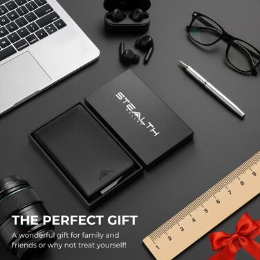 Гаманець чоловічий RFID Stealth Wallet з алюмінієвим каркасом та шкірою (чорний) - захист від сканування карт, мінімалістичний, з подарунковою коробкою