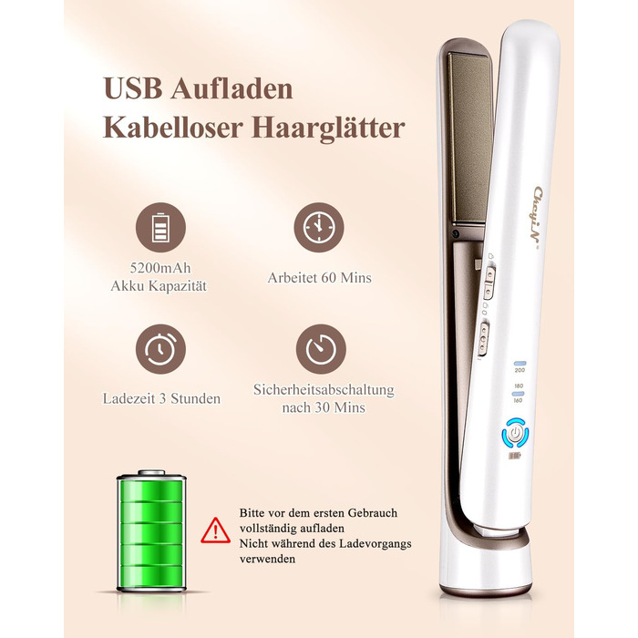 CkeyiN Бездротовий випрямляч для волосся, 2-в-1 випрямляч та завивка, міні-подорожний, керамічний, USB, білий