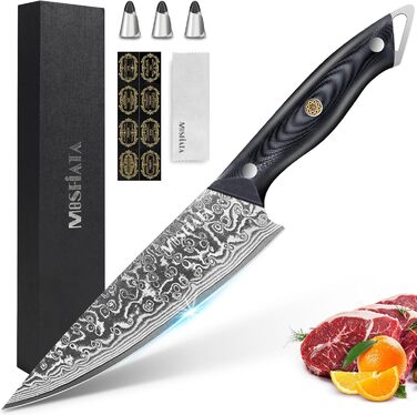Ніж кухарський MOSFiATA Дамаск 8 дюймів - Японський ніж з дамаської сталі, кухонний ніж шеф-кухаря з чохлом, 3 захисними вкладишами та подарунковою упаковкою