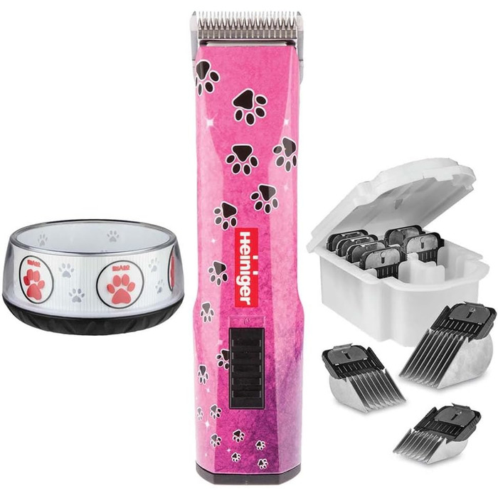 Набір для стрижки собак EHASO HEINIGER Profi Saphir: акумуляторна машинка, насадки, миска (рожевий)