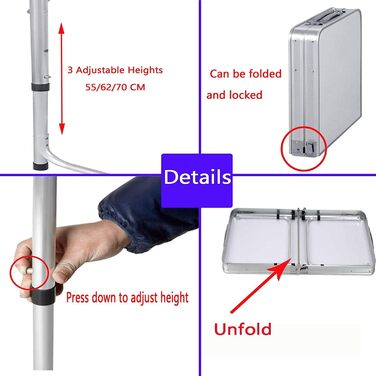 Складний стіл 60 см, портативний, для кемпінгу та пікніка, сад, на вулицю, регульована висота, алюмінієвий каркас, 60 x 45 x 25,9 см (Д x Ш x В)