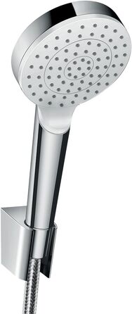 hansgrohe Crometta Shower Head Holder Set, with shower hose, 1.60 m, 2 spray patterns, water-saving, White/Chrome (Set including a 1.25m shower hose, 1 spray pattern with water-saving function)