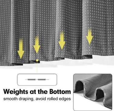 Шторка для душу Waffel сірого кольору 183x198 см - текстильна, з поліестеру, з магнітною фіксацією та 12 кільцями, непрозора та водовідштовхувальна для ванної кімнати, сіра, 1 шт.