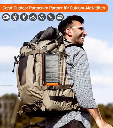 Power Bank Solar GOODaaa 26800mAh з 6 виходами, 4 входами, 15W, для мобільних пристроїв, з ліхтариком та карабіном (Оранжевий)