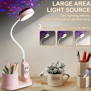 Дитяча LED лампа на стіл Kinder з тримачем для олівців, регульована, з проекцією зірок, 360° повертання, для дитячої кімнати (рожева)