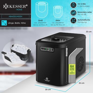 Машина для приготування льоду KESSER® з нержавіючої сталі | 12 кг льоду за 24 години | Швидке приготування (7 хв) | 2.2 л резервуар | 2 розміри кубиків льоду | LED-дисплей | Самоочищення | Чорний