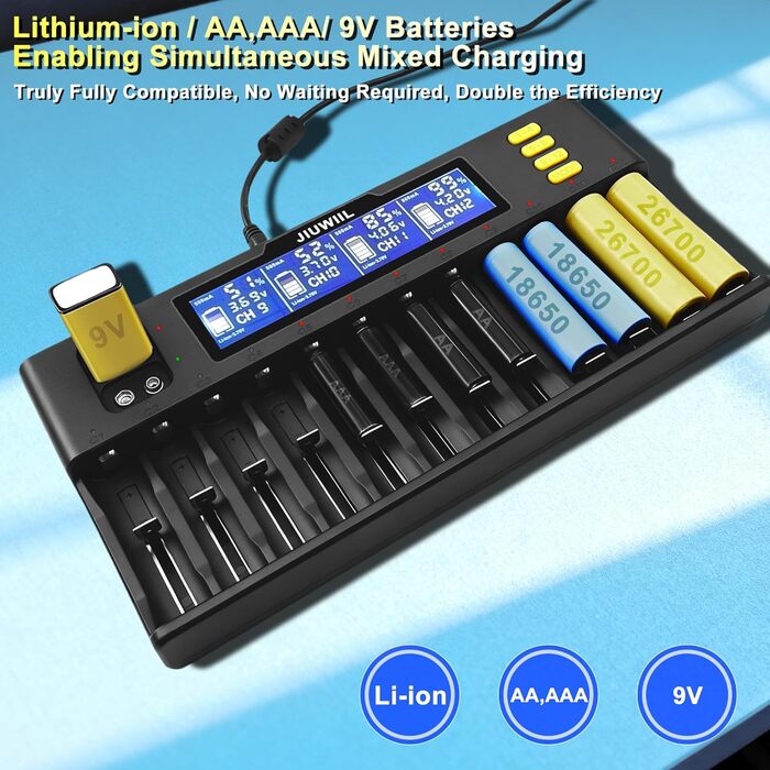 Зарядний пристрій JIUWIIL для акумуляторів 18650 Li-ion/LiFePO4 12+2 слоти, LCD-дисплей, швидка зарядка 26650, 17500, 16340, 14500, 10440, 9V