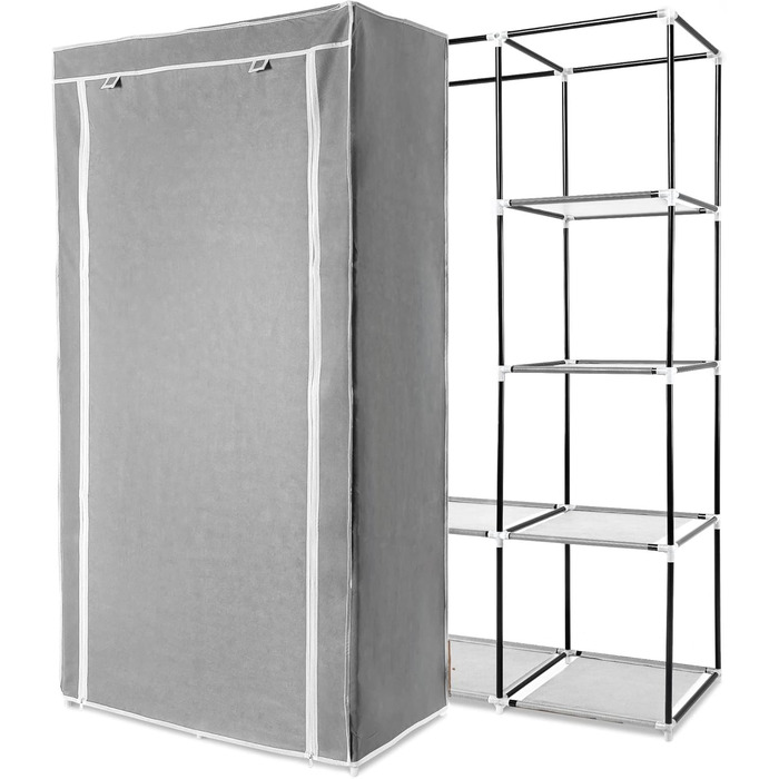Navaris Fabric Wardrobe with Clothes Rail - Folding Wardrobe 88x170x45cm with Rail - Large, Stable Closet - Foldable Fabric Wardrobe made of Nonwoven Fabric in Light Grey