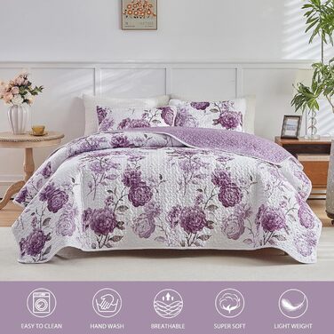 Комплект постільної білизни King Size з жовтим квітковим принтом, 3 предмети, біло-оранжеві квіти, легка мікрофібра, двосторонній, літній покривало для всіх сезонів, 1 стьобана ковдра 259x224 см (лілові квіти)