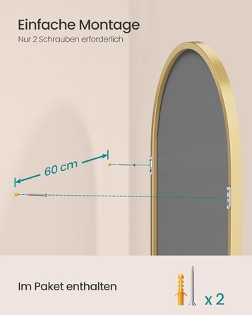 Дзеркало для ванної кімнати SONGMICS, настінне, з алюмінієвою рамою, 91 x 61 см, з захисною плівкою, 2 способи кріплення, для ванної, спальні, вітальні, LWM010BD01 (овальне, світло-золоте)