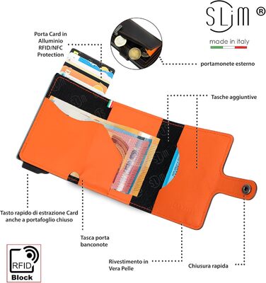 SLim жіноче та чоловіче портмоне/гаманець Smart Wallet з відділенням для монет та RFID захистом, Made in Italy (Чорний та Оранжевий)