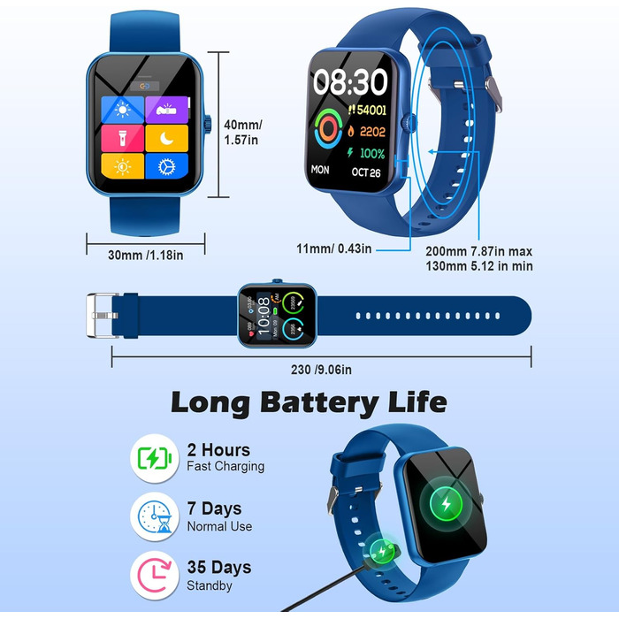 Дитячий розумний годинник-фітнес-трекер Kinder з 1.83' HD екраном, крокоміром, IP68 водонепроникністю, 120 спортивними режимами, монітором сну та будильником для дітей 5-16 років (блакитний)