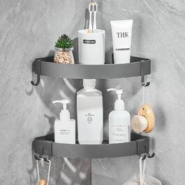 FIISAYL Shower Shelf No Drilling Shower Rack Corner Bathroom Organizer Shower Basket, Shower Corner Shelf with 4 Hooks Space Aluminum Wall Mount Grey, 2 Pack