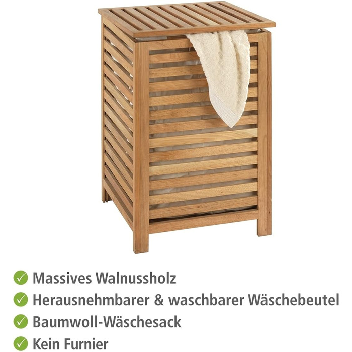 WENKO Laundry Hamper Norway, Laundry Collector with Removable Cotton Laundry Bag, Walnut Wood, Capacity 56 L, 45 x 65 x 45 cm, Natural