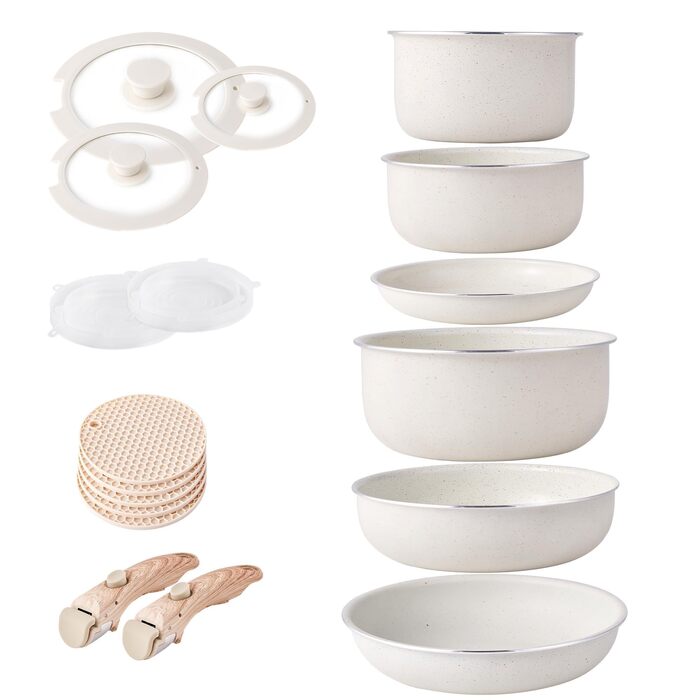 Набір посуду RIOVARM з індукційним дном: каструлі та сковороди з антипригарним гранітним покриттям та знімними ручками, кришки з силікону, бежевий колір