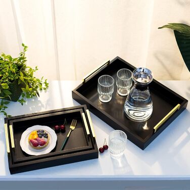 Hanobe Serving Tray Decor Tray Wood: Set of 3 Black Decorative Wooden Trays with Gold Handles Coffee Table, Rectangular Jewelry Tray, Bedside Table Tray, Modern Candle Tray, Coffee Decor Tray