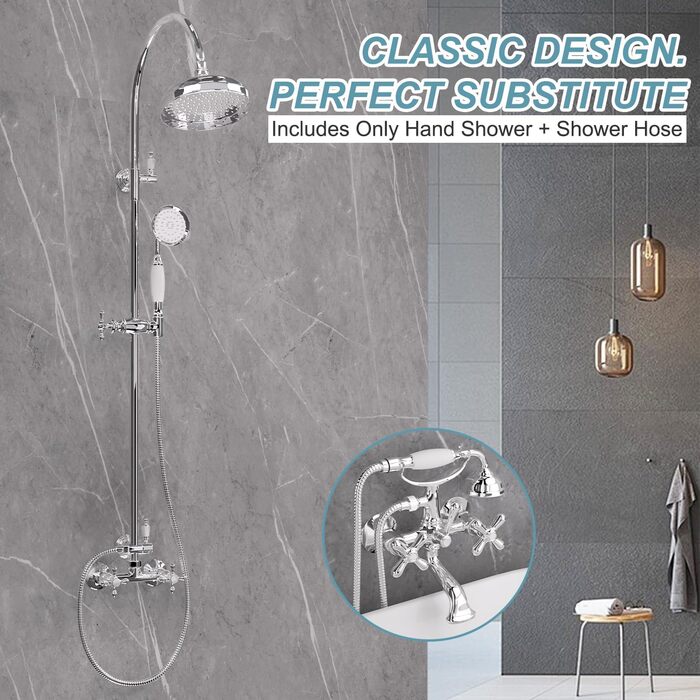Delnet Classic High-Pressure Shower Head, Chrome, Traditional Telephone Style, Hand Shower and 1.5m Hose