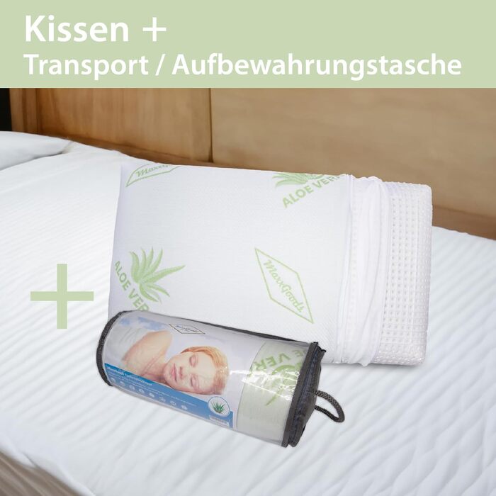 MaxxGoods orthopedic pillow, neck support pillow made of viscoelastic foam with aloe vera cover & inner cover 100% cotton - head pillow for waterbeds, children, stomach sleepers (42cm x 70cm x 10cm)