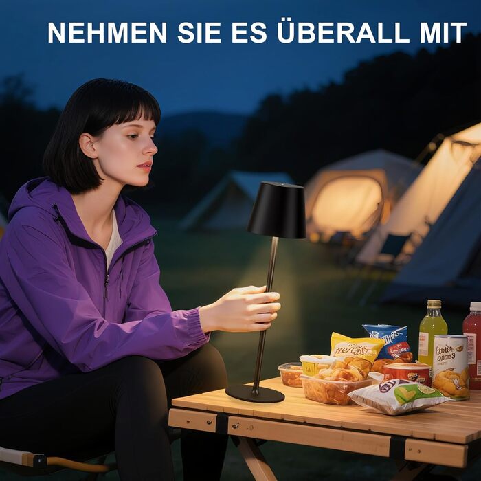 Акумуляторна настільна лампа LED бездротова з USB-C зарядкою, димується, 3 режими світла, чорна - для дому, кемпінгу