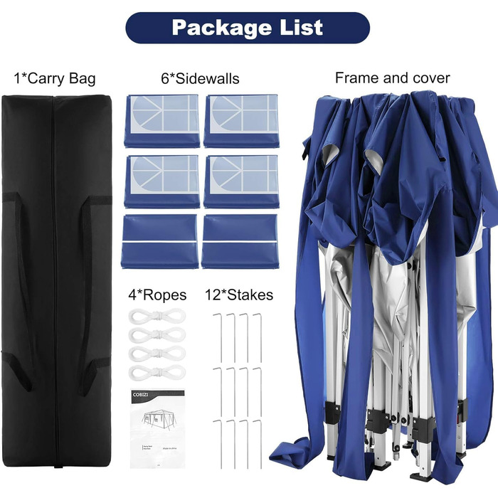 COBIZI Pavilion - Waterproof, Stable, Winter-Proof, Foldable, Pop-Up Party Tent, Garden Pavilion for Beach Wedding, with 4 Side Panels, UV Protection 50+, Adjustable Height (Navy Blue, 3x6m)
