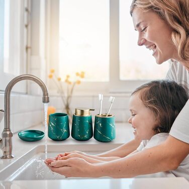 Набір аксесуарів для ванної кімнати: 4 предмети з ефектом темного зеленого мармуру (дозатор мила, тримач для зубних щіток, стакан, мильниця)
