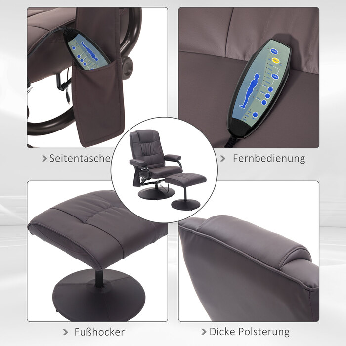 HOMCOM Massage Chair with Ottoman, Swivel Recliner with Massage Function, Electric TV Chair with Reclining Function, Remote Control, Faux Leather, Brown