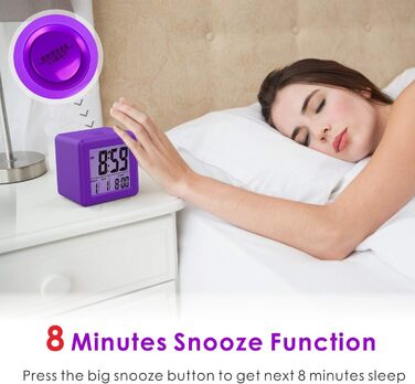 Цифровий туристичний годинник Plumeet з будильником, сонливим режимом, нічним світлом, великим дисплеєм (час, місяць, дата, будильник), м'яким звуком (фіолетовий)