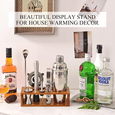 Cocktail Shaker Set with Bamboo Stand & Recipe Book - 750ml Stainless Steel Bar Set with 17-Piece Cocktail Mixing Kit - Bartender Gift for Women