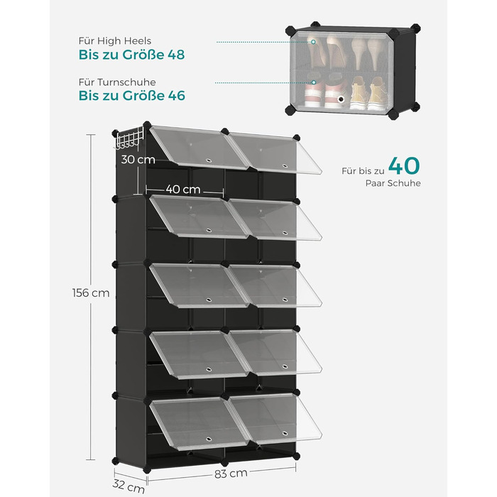 SONGMICS 10-Tier Shoe Rack, Shoe Cabinet, 30 x 40 x 30 cm per compartment, narrow, with doors, steel frame, plastic, for hallway, bedroom, entrance area, black LPC035B01