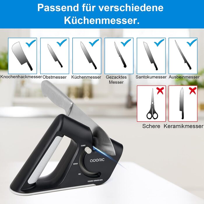 Точилка для ножів Adoric з 3 ступенів, вольфрамовий сталь, діамант, кераміка. Чорний колір